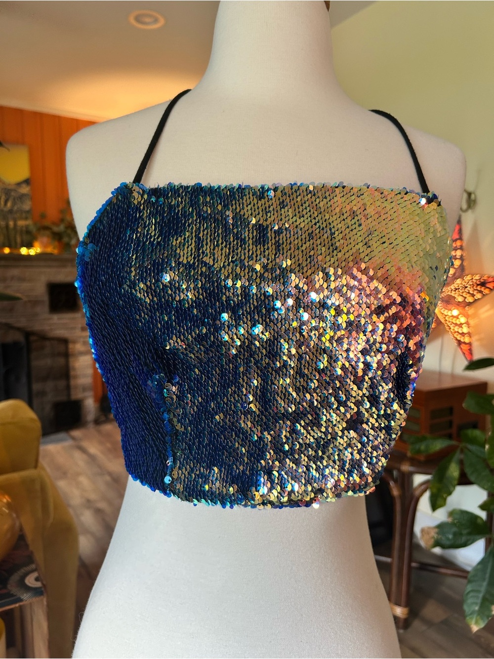 Windsor Blue and Gold Sequin Crop Top with Spaghetti Straps